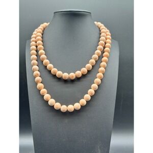 Vintage Natural Stone Bead Necklace‎ Long Strand Round Beige Tan Beads